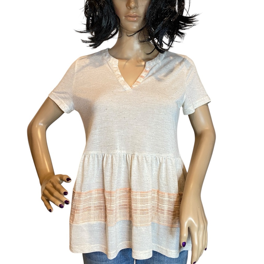 Copper Key Loose Flowy Short Sleeved V-Neck Shirt Top Cream Peach Size XS VGC